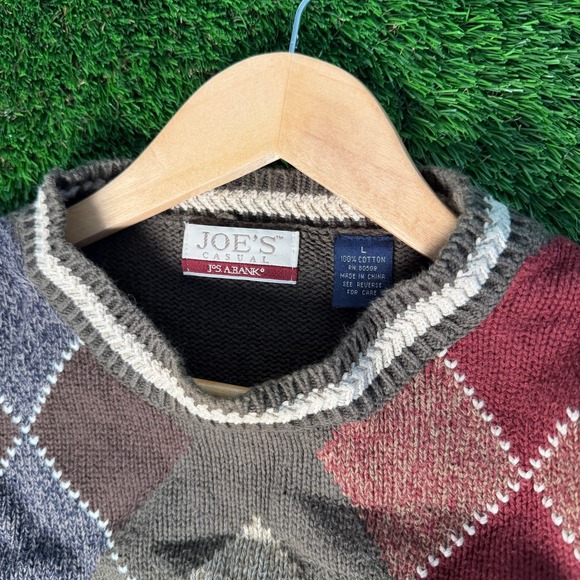 Jos A Bank Joes Casual Argyle Sweater Mens Large Brown Cotton Crewneck Knit - Picture 2 of 6